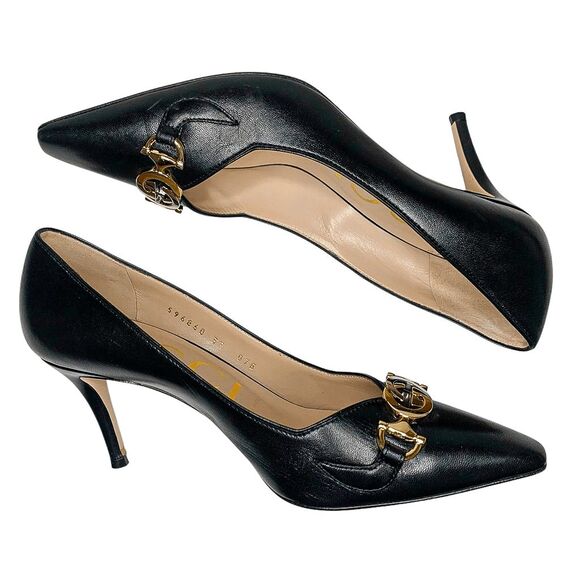 Gucci Zumi Black Leather Heels 37 EU 7 US Interlocking G Horsebit Made in Italy - Picture 6 of 13
